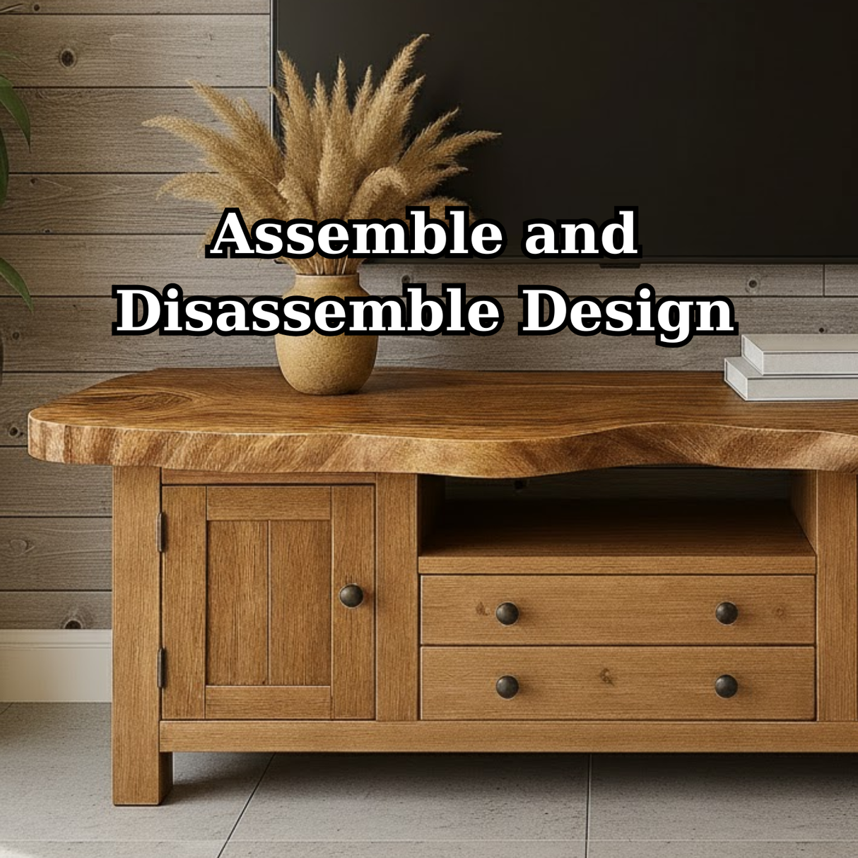 Handcrafted Solid Wood TV Stand - Live Edge Top Rustic Farmhouse Storage Console