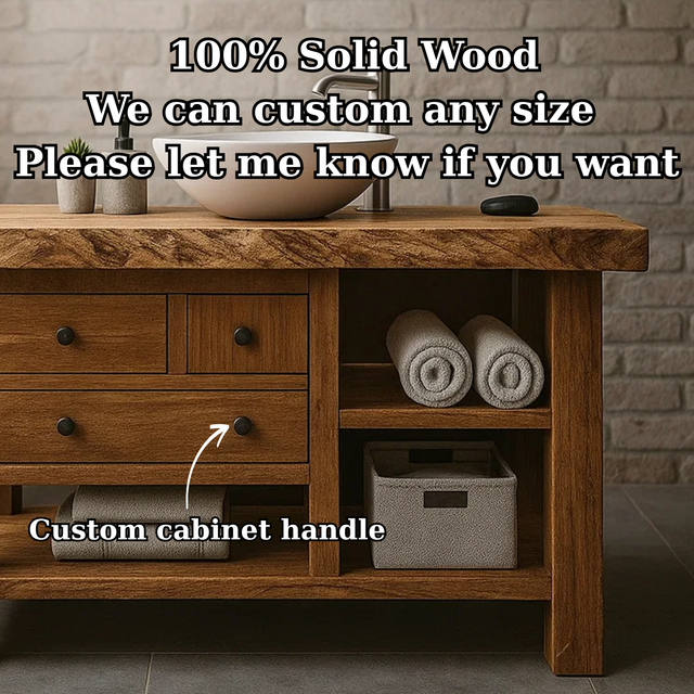 Handcrafted Solid Wood Rustic Bathroom Vanity - Open Shelf & Drawer Storage