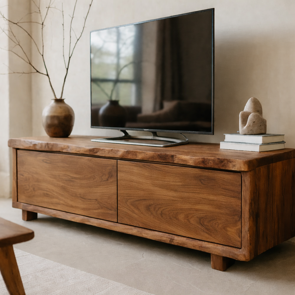 Handcrafted Solid Wood TV Stand with Live Edge Design and 2 Doors