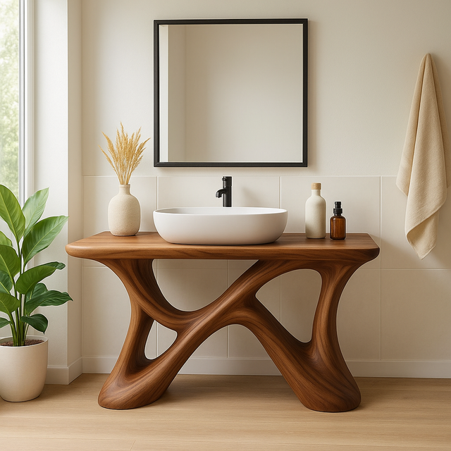 Handcrafted Solid Wood Bathroom Vanity – Sculptural Organic X-Form Base with Modern Artistic Flow