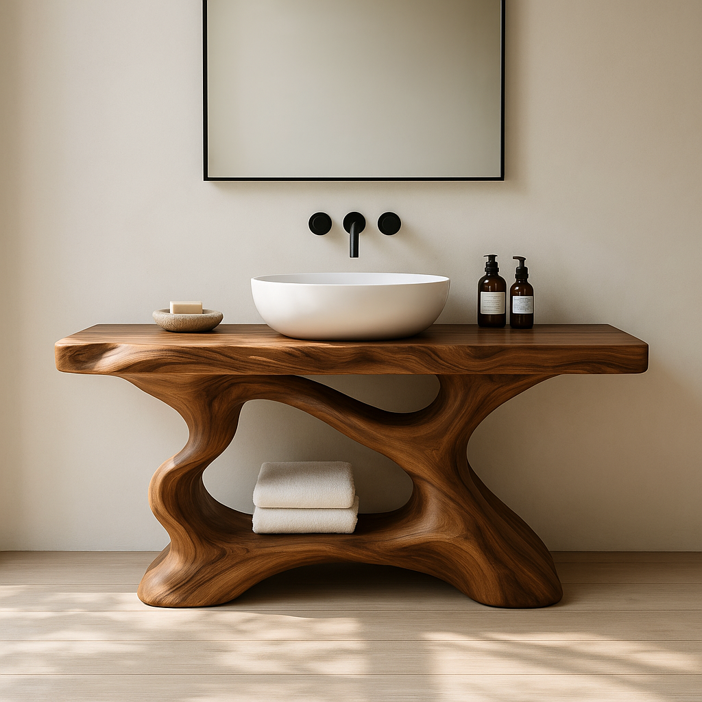 Handcrafted Solid Wood Vanity with Sculptural Organic Flow and Modern Natural Design