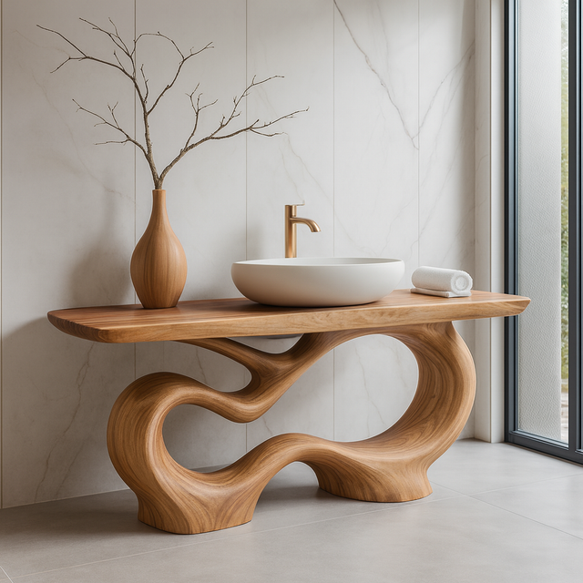 Handcrafted Solid Wood Sculptural Vanity with Organic Curved Base for Modern Interiors