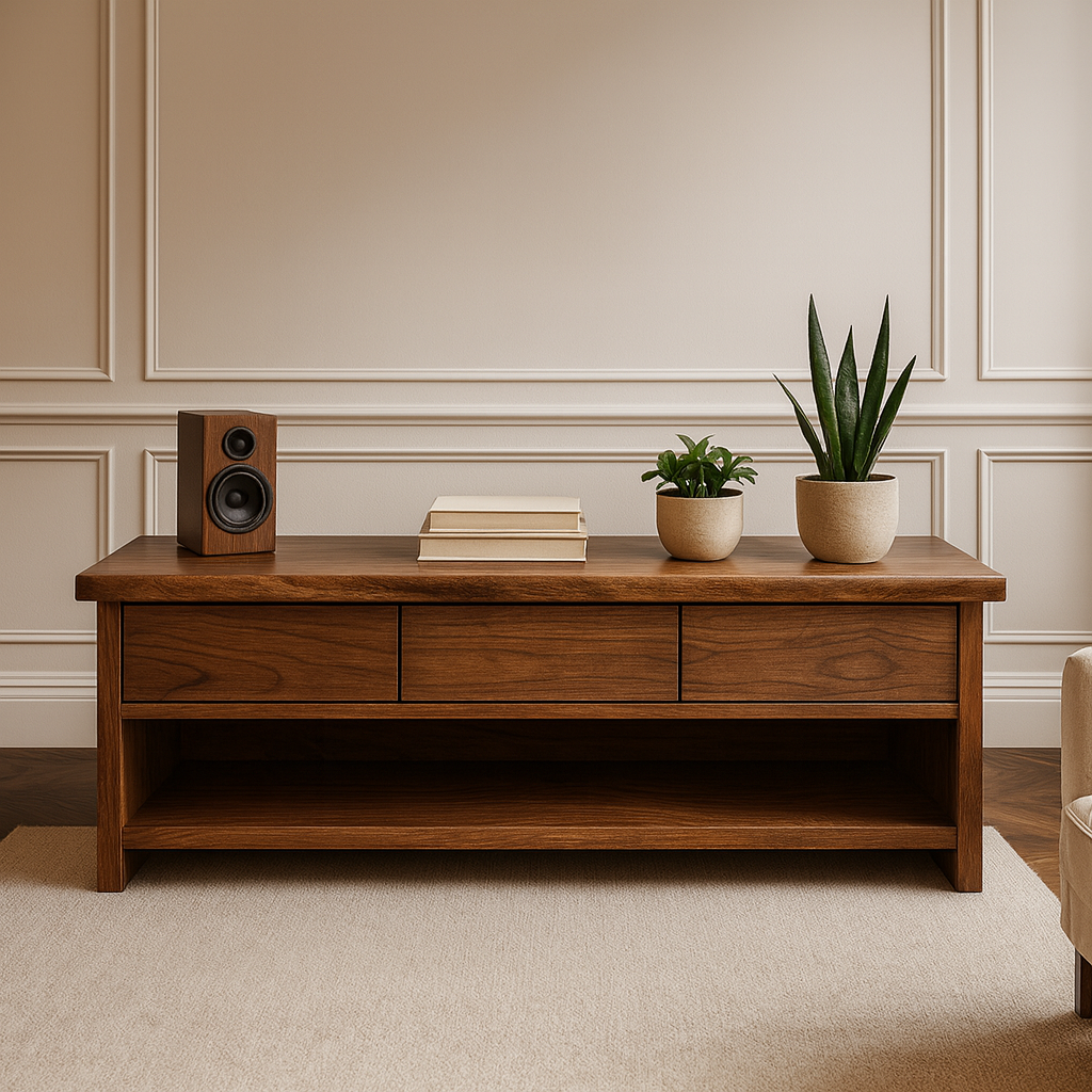 Handcrafted Solid Wood TV Stand – Minimalist Walnut Media Console with Drawers and Open Shelf