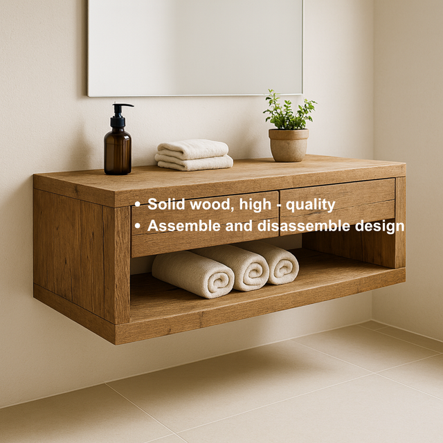 Handcrafted Solid Wood Floating Vanity – Rustic Oak Wall-Mounted Bathroom Cabinet with Drawers and Shelf
