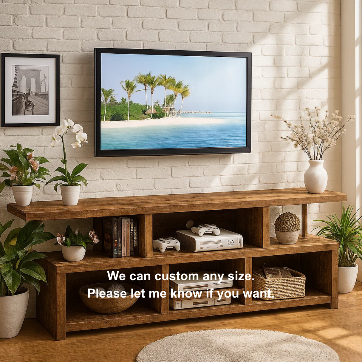 Handcrafted Solid Wood TV Stand – Rustic Modern Media Console with Open Shelves for Living Room Storage and Display