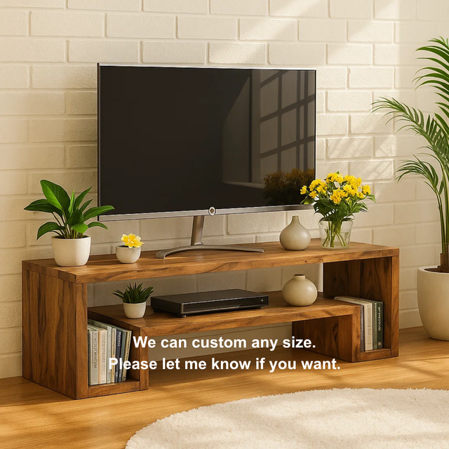 Handcrafted Solid Wood TV Stand – Modern Minimalist Media Console with Open Shelves and Natural Warm Finish