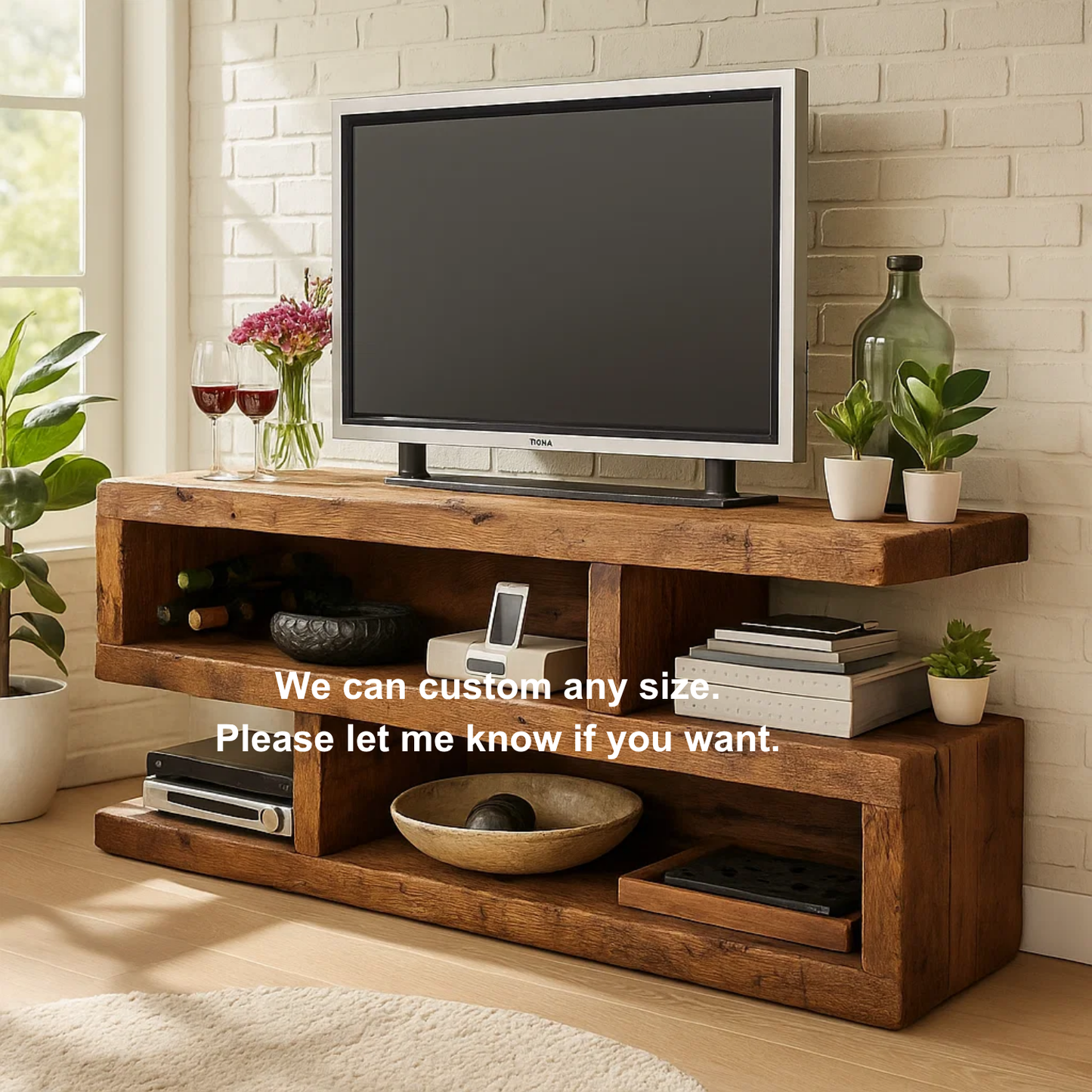 Rustic Solid Wood TV Stand – Handcrafted 3-Tier Media Console with Open Shelves and Natural Finish for Living Room