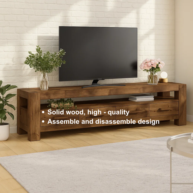 Handcrafted Solid Wood TV Stand – Modern Rustic Media Console with Drawers and Open Shelf in Natural Warm Finish