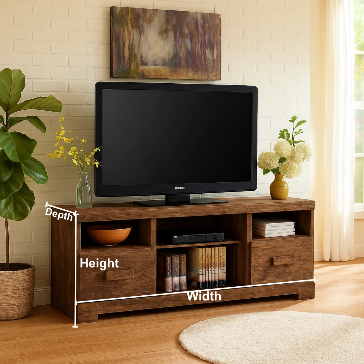 Rustic Solid Wood TV Stand – Handcrafted Media Console with Drawers and Open Shelves for Warm Modern Living Rooms