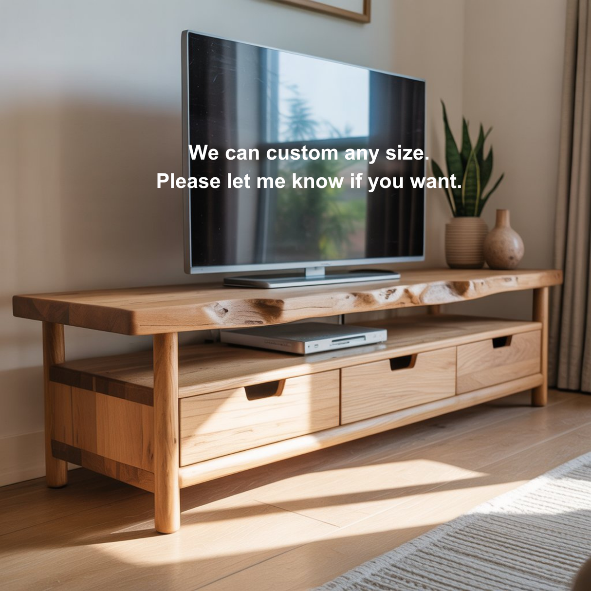 Handcrafted Light Solid Wood TV Stand – Scandinavian Live Edge Media Console with Drawers and Open Shelf