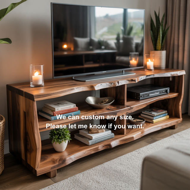 Rustic Live Edge Solid Wood TV Stand – Handcrafted Organic Media Console with 4 Open Shelves for Modern Living Spaces