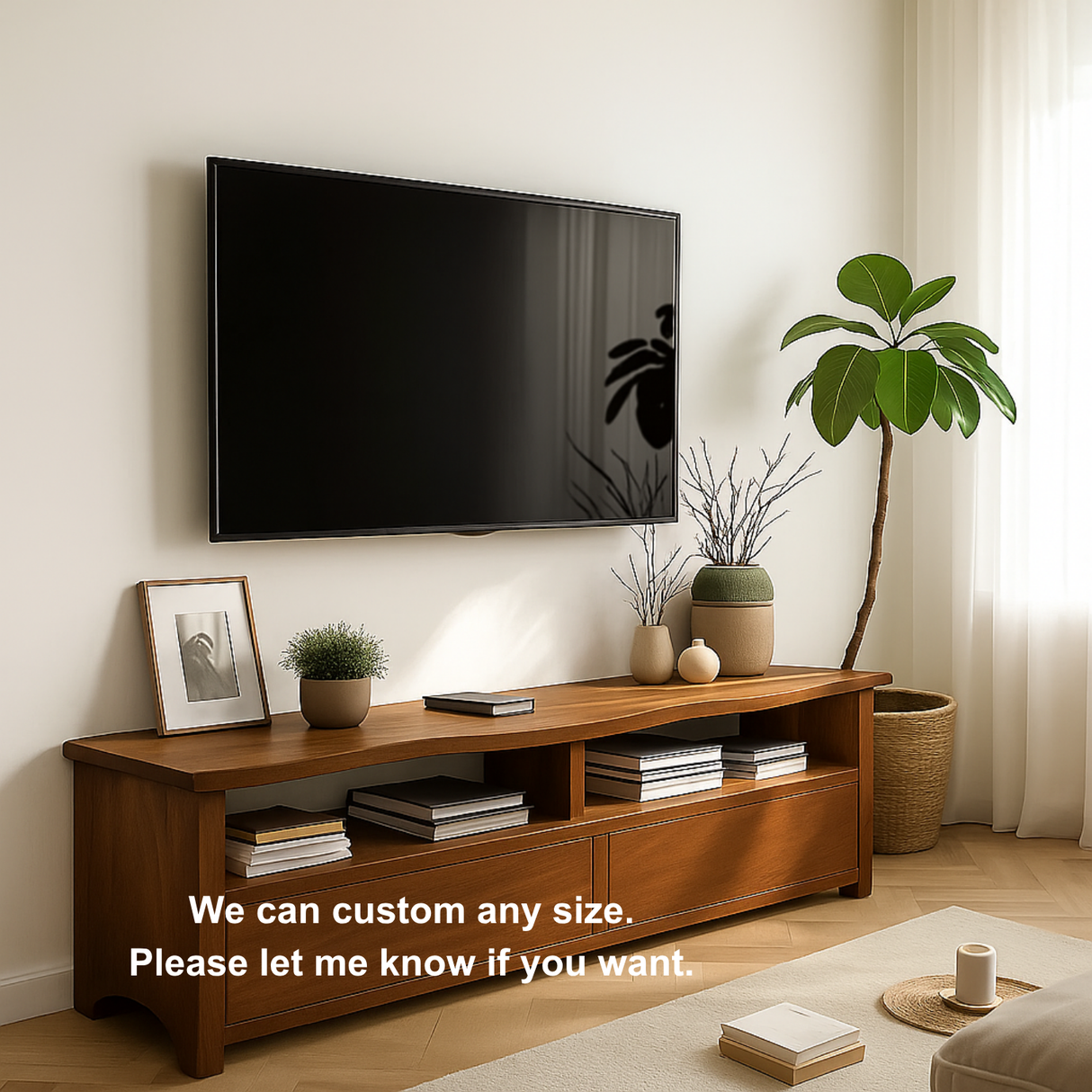 Solid Wood TV Stand with Curved Edge – Handcrafted Media Console with Drawers and Open Shelves for Modern Natural Living Spaces