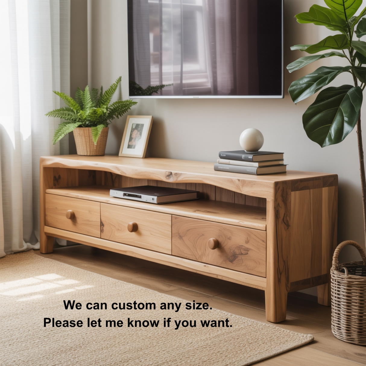 Handcrafted Solid Wood TV Stand with Live Edge Top – Natural Finish Media Console with Drawers and Open Shelf for Japandi Interiors