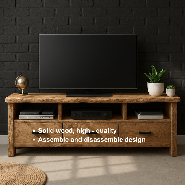 Rustic Solid Wood TV Stand with Live Edge – Handcrafted Media Console with Drawers and Open Shelves for Modern Organic Interiors