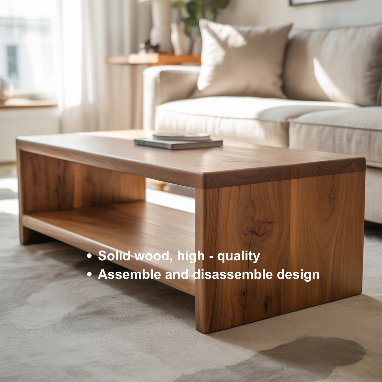 Handcrafted Solid Wood Coffee Table with Smooth Rounded Edges – Minimalist Natural Center Table with Open Shelf for Modern Living Rooms