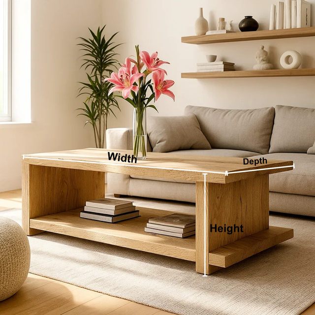 Handcrafted Solid Wood Coffee Table – Minimalist Japandi Wood Center Table with Open Shelf for Modern Natural Living Spaces
