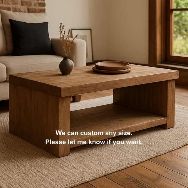 Handcrafted Solid Wood Coffee Table – Rustic Contemporary Center Table with Open Shelf and Matte Natural Finish