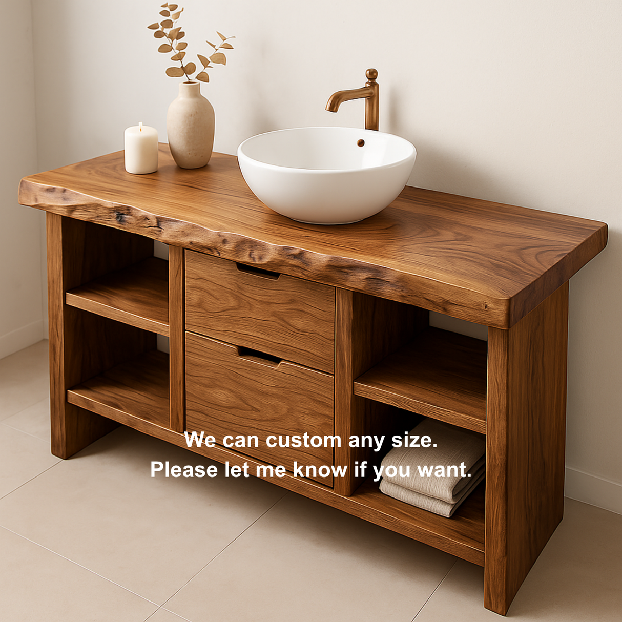 Handcrafted Solid Wood Bathroom Vanity with Live Edge Top and Open Shelves