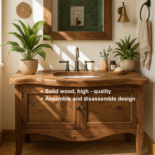Handcrafted Solid Wood Bathroom Vanity with Curved Design and Double Door Storage