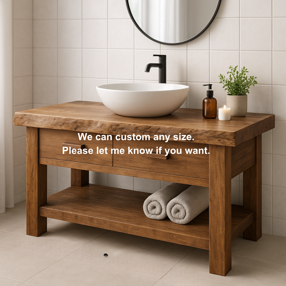 Handcrafted Solid Wood Bathroom Vanity with Live Edge Top and Open Shelf Storage