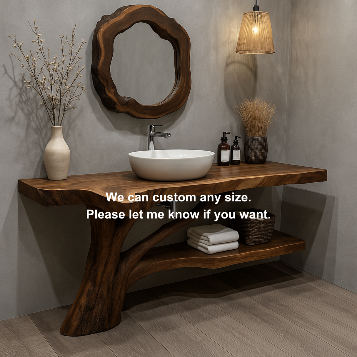 Handcrafted Solid Wood Vanity with Tree-Root Inspired Base and Organic Live Edge Design