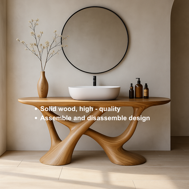 Handcrafted Solid Wood Vanity with Fluid Organic Shape and Modern Sculptural Design