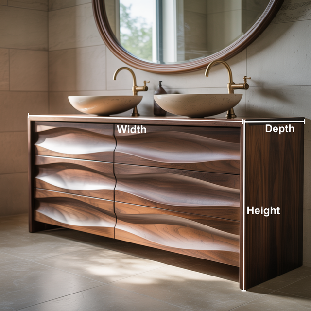 Handcrafted Solid Walnut Bathroom Vanity – Sculptural Wave Front Double Sink Cabinet with Brass Fixtures