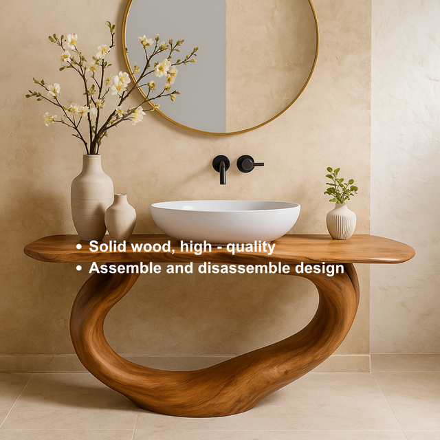 Handcrafted Solid Wood Bathroom Vanity – Organic Sculptural Flow Base in Natural Finish
