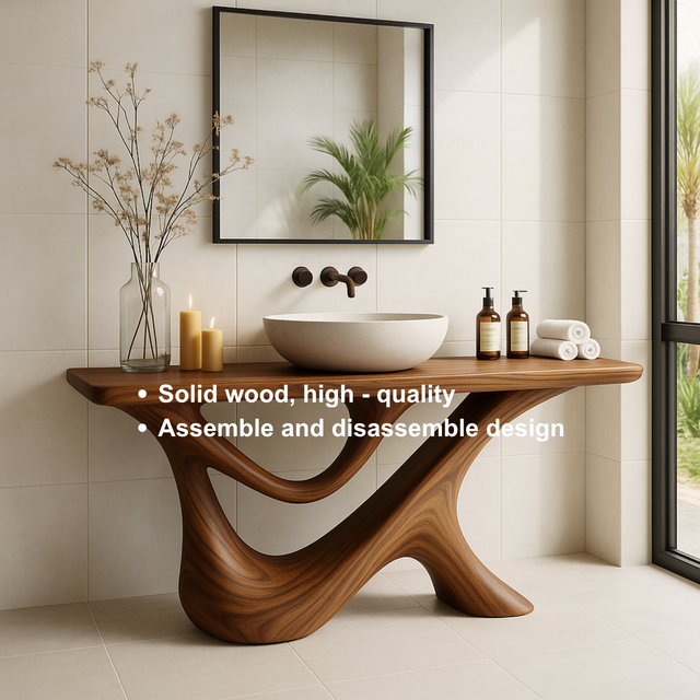 Handcrafted Solid Wood Bathroom Vanity – Sculptural Organic Y-Form Base with Natural Flow Design