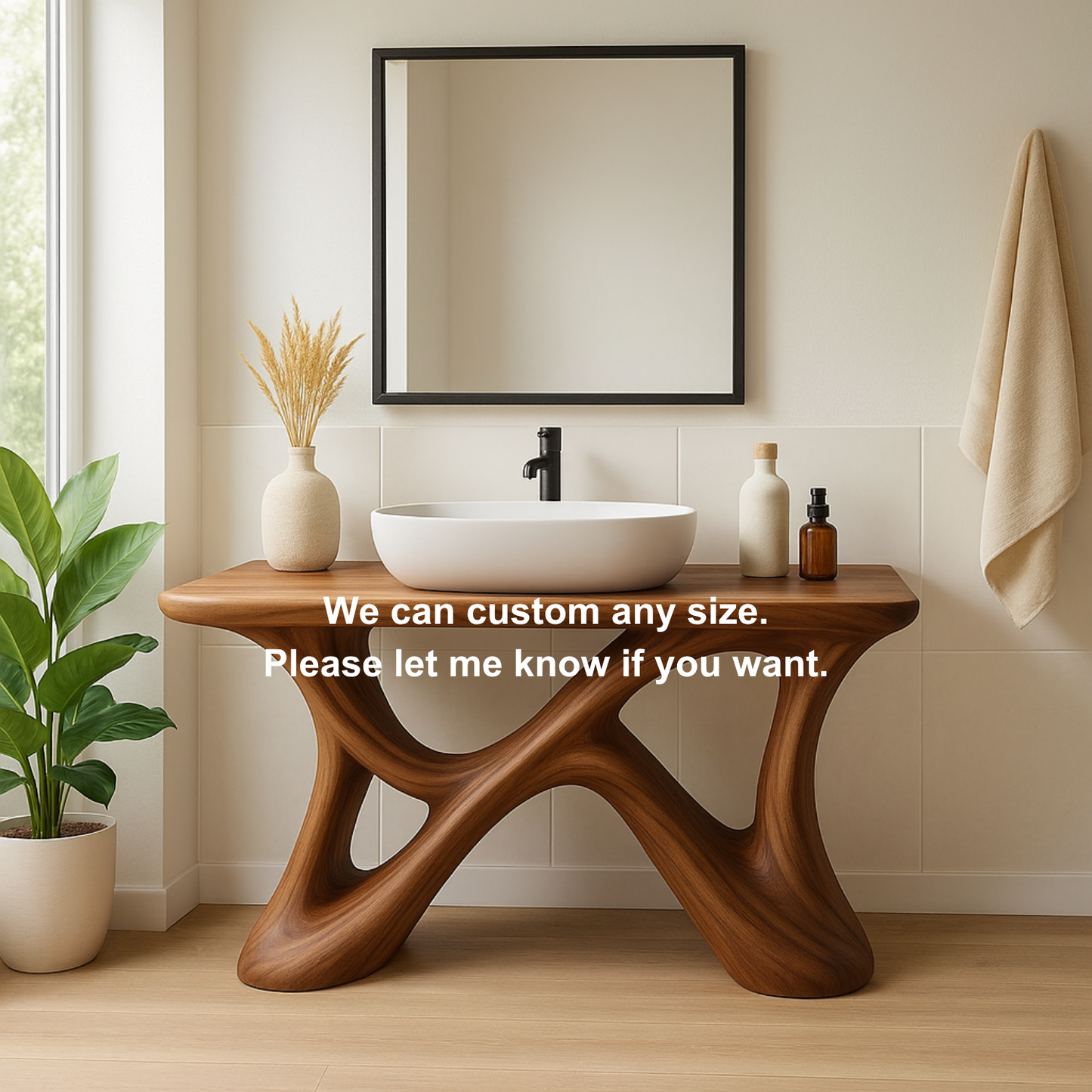 Handcrafted Solid Wood Bathroom Vanity – Sculptural Organic X-Form Base with Modern Artistic Flow