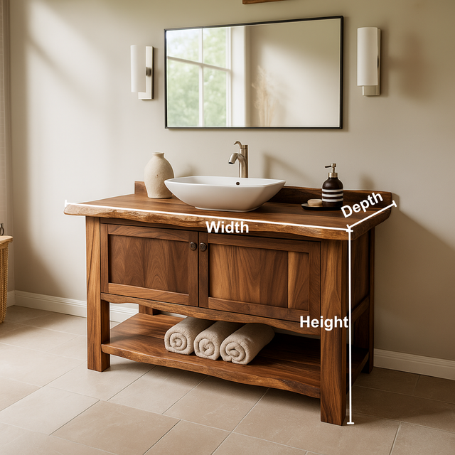 Handcrafted Solid Wood Bathroom Vanity – Rustic Live Edge Design with Open Shelf Storage