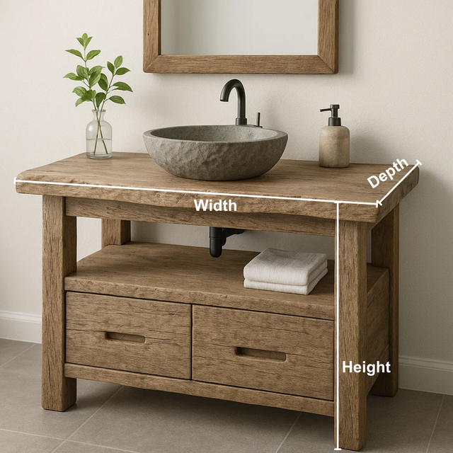 Handcrafted Solid Wood Bathroom Vanity – Rustic Live Edge Base with Drawers and Open Shelf
