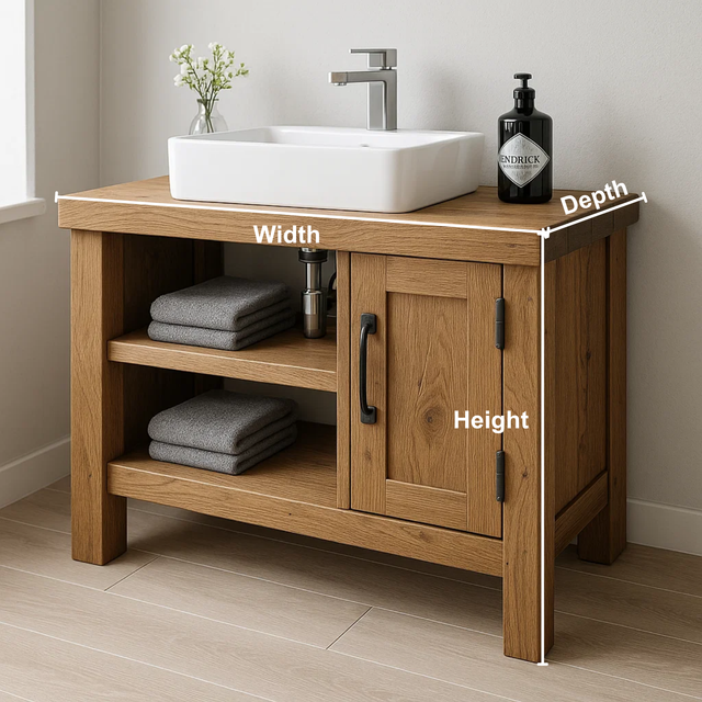 Handcrafted Solid Wood Bathroom Vanity – Modern Rustic Base with Door and Open Shelves