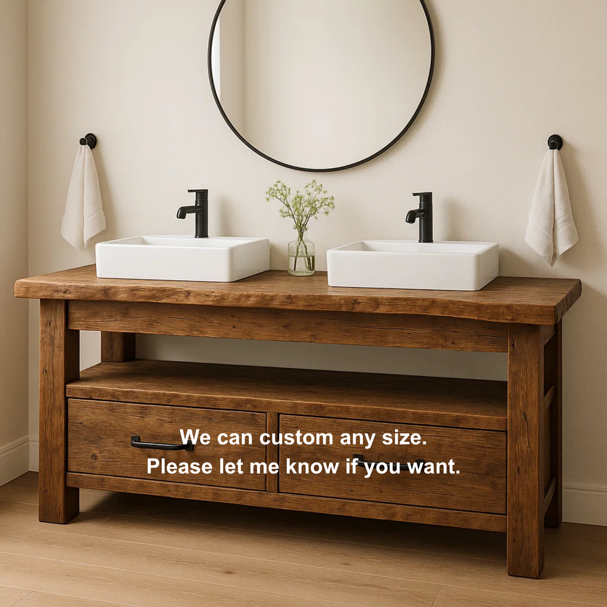 Rustic Handcrafted Solid Wood Double Vanity – Live Edge Base with Drawers and Open Shelf