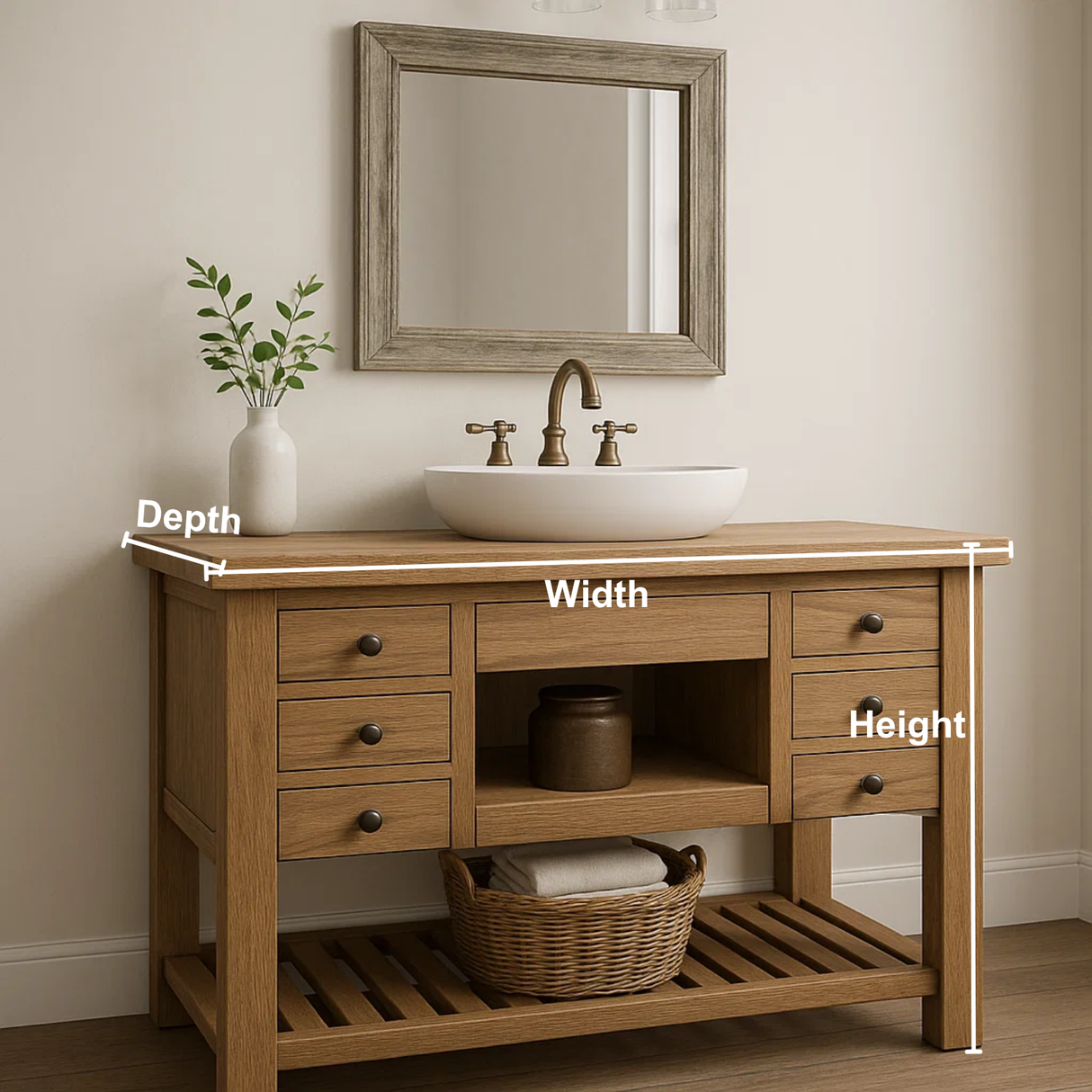 Handcrafted Solid Wood Vanity – Farmhouse Style Bathroom Base with 6 Drawers and Open Shelf