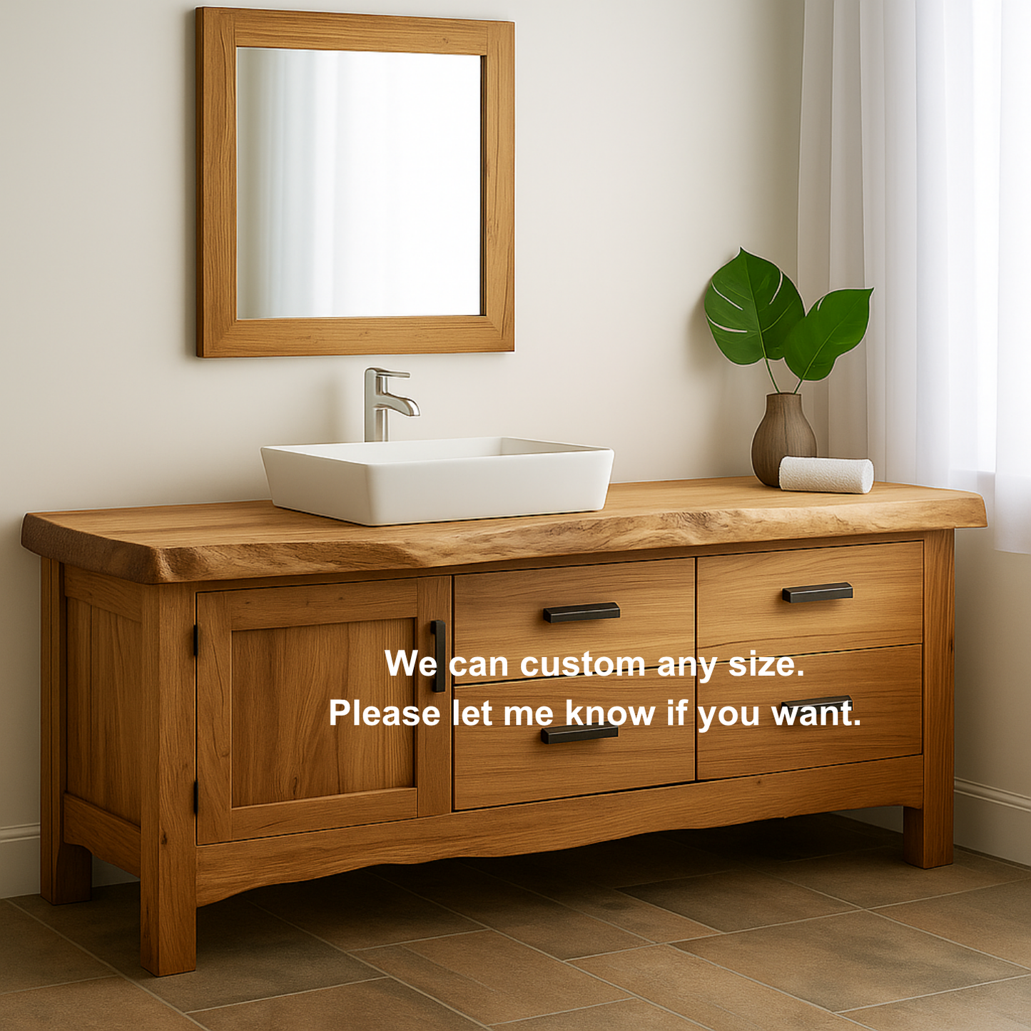 Handcrafted Solid Wood Bathroom Vanity – Natural Live Edge Base with 4 Drawers and Door Cabinet