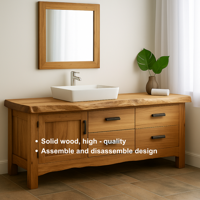 Handcrafted Solid Wood Bathroom Vanity – Natural Live Edge Base with 4 Drawers and Door Cabinet