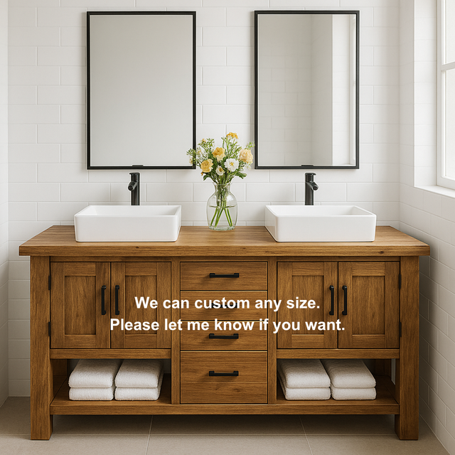 Handcrafted Solid Wood Double Bathroom Vanity – Rustic Base with Central Drawers and Side Cabinets