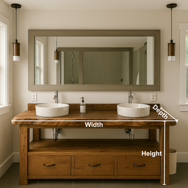 Handcrafted Solid Wood Double Vanity – Live Edge Bathroom Base with Drawers and Open Shelf