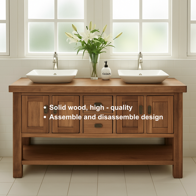 Handcrafted Solid Wood Double Bathroom Vanity – Rustic Base with Center Drawers and Open Shelf