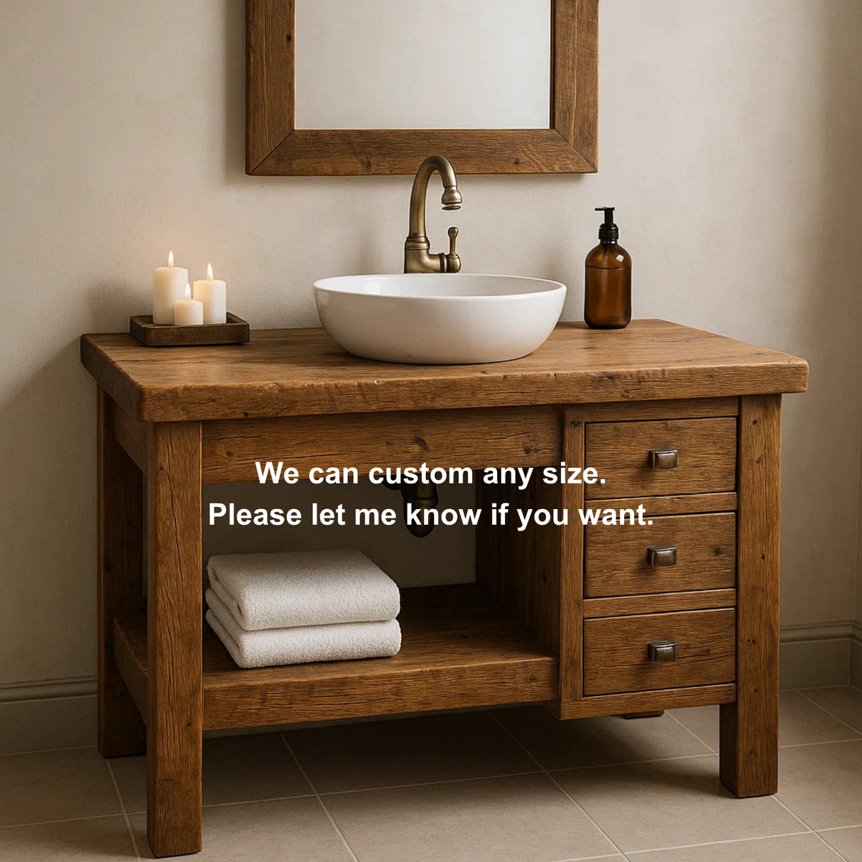 Handcrafted Solid Wood Bathroom Vanity – Rustic Base with Side Drawers and Open Shelf