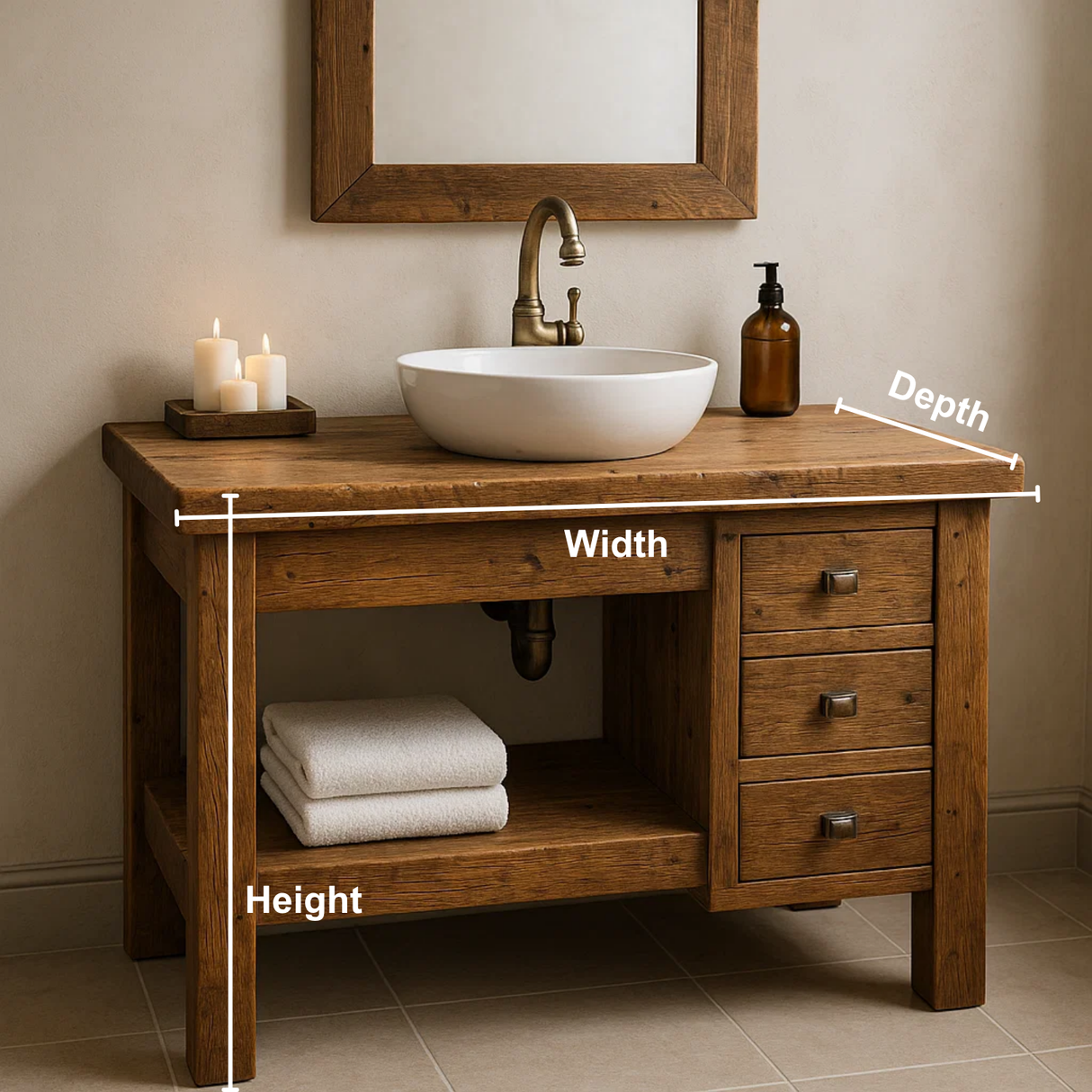 Handcrafted Solid Wood Bathroom Vanity – Rustic Base with Side Drawers and Open Shelf