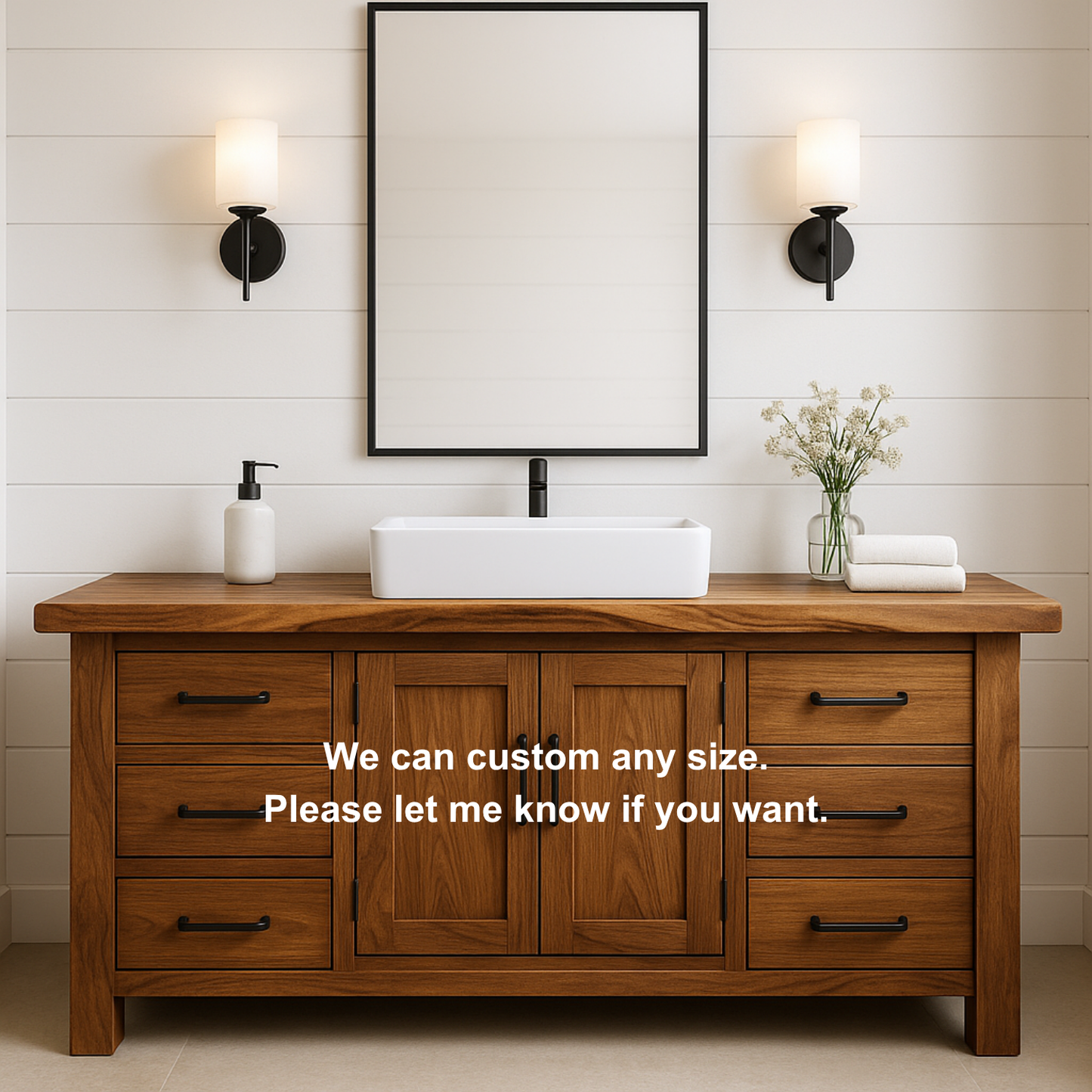 Handcrafted Solid Wood Bathroom Vanity – Rustic Base with Six Drawers and Center Cabinet