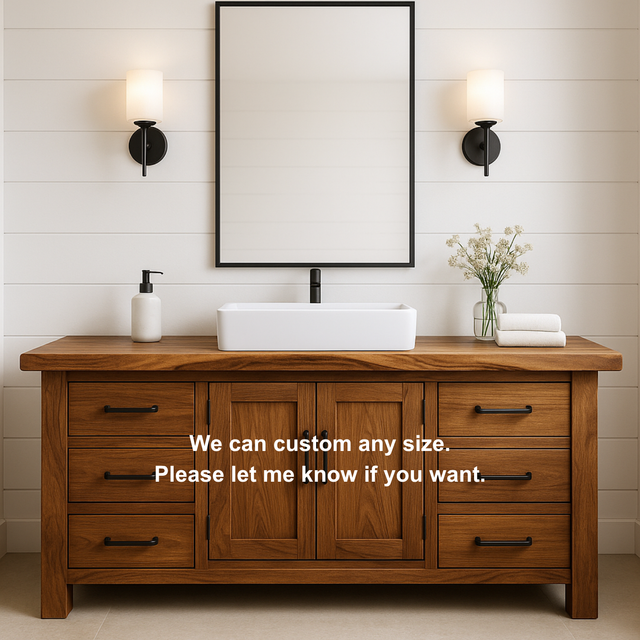 Handcrafted Solid Wood Bathroom Vanity – Rustic Base with Six Drawers and Center Cabinet