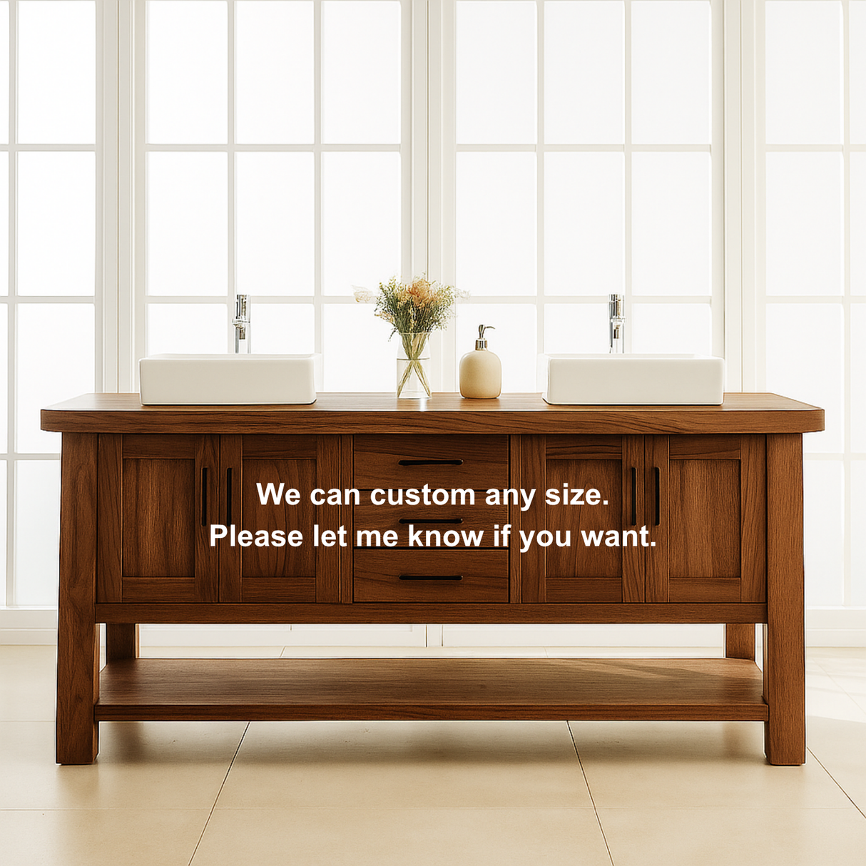 Handcrafted Solid Wood Double Bathroom Vanity – Modern Rustic Base with Center Drawers and Open Shelf