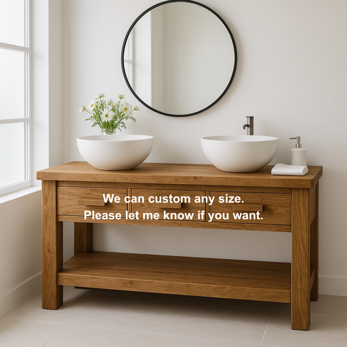 Handcrafted Solid Wood Double Bathroom Vanity – Minimal Rustic Base with 3 Drawers and Open Shelf