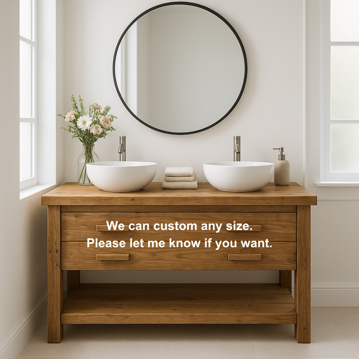 Handcrafted Solid Wood Double Bathroom Vanity – Scandinavian Rustic Base with 2 Drawers and Open Shelf