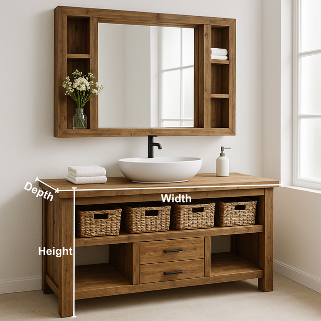 Handcrafted Solid Wood Bathroom Vanity – Rustic Farmhouse Base with Drawers and Open Storage Shelf
