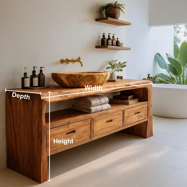 Handcrafted Solid Wood Live-Edge Bathroom Vanity – Organic Modern Base with 3 Drawers and Open Shelf