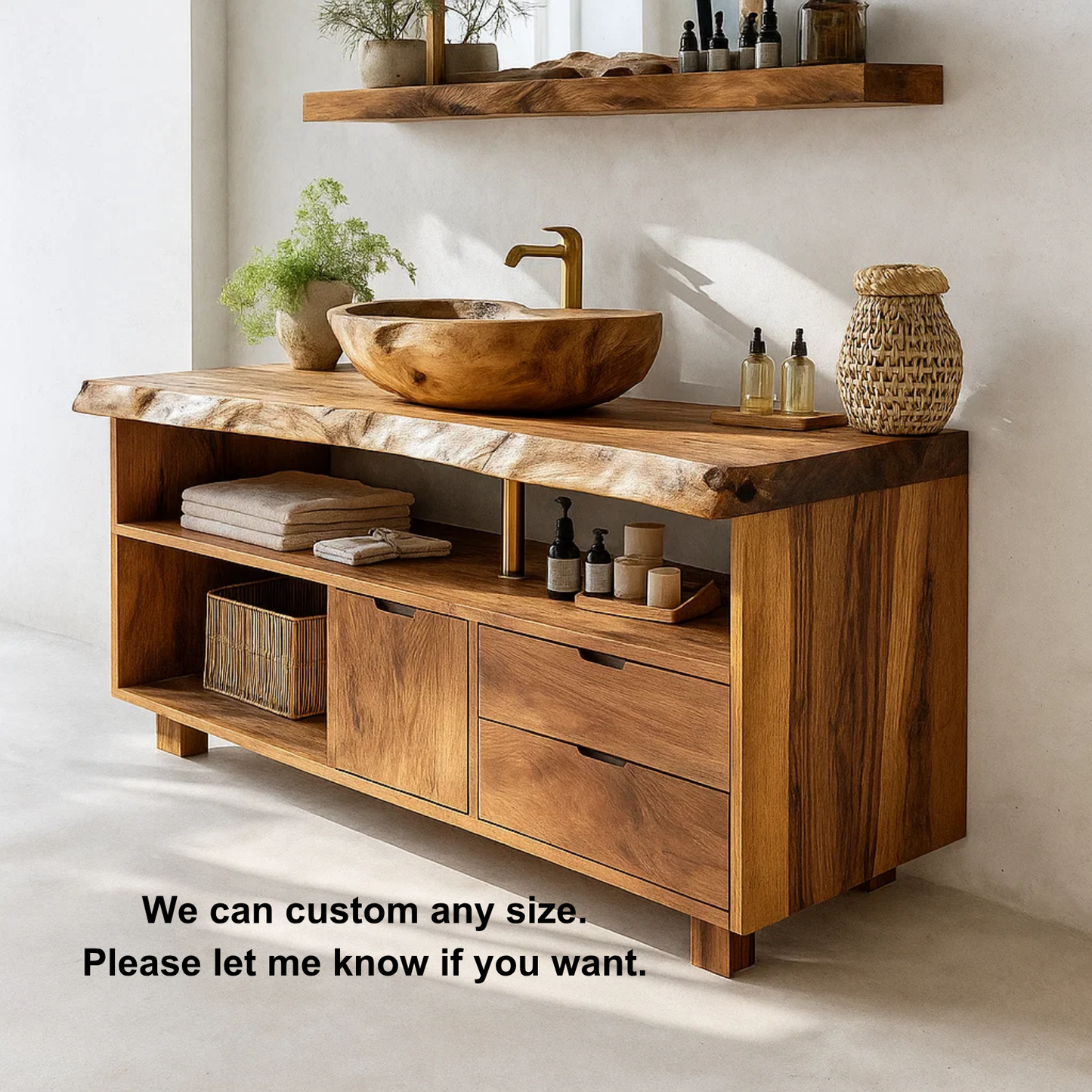 Handcrafted Solid Wood Live-Edge Vanity Base – Organic Modern Bathroom Console with Shelves and Drawers